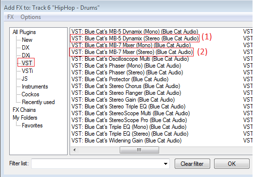 Step 01 - Insert the plug-ins on the source (1) and destination (2) tracks